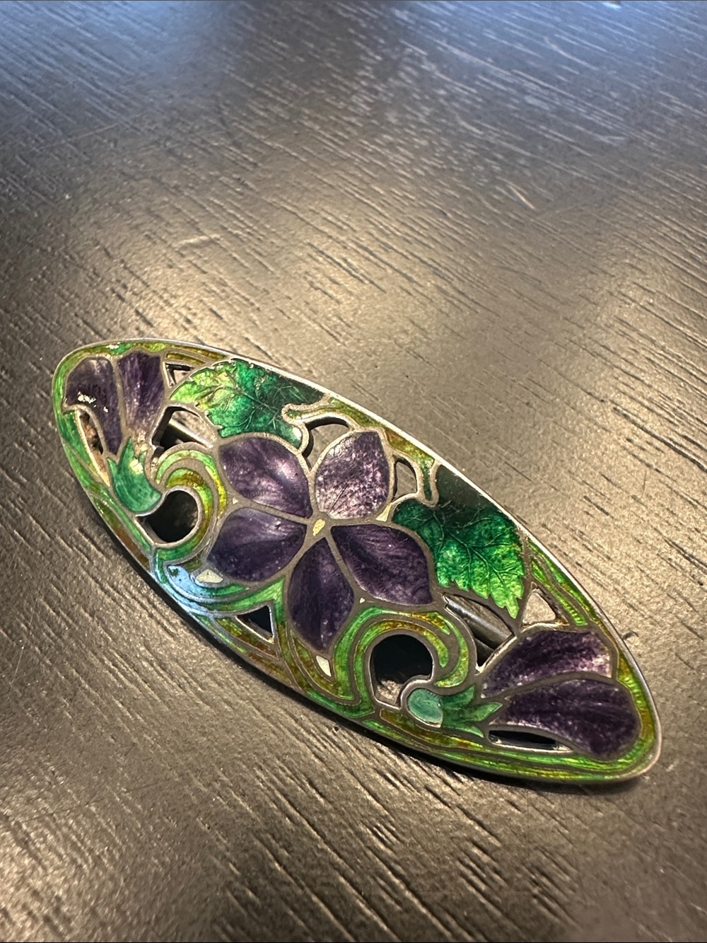 Purple & Green Floral Sterling cloisonnΓ© Brooch